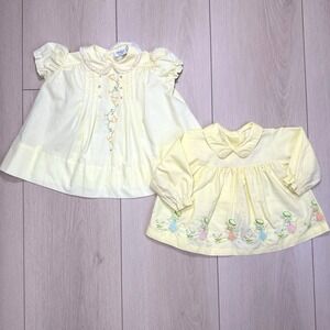 VTG 1960's Baby Girl Yellow Dress Lot 2 Tiny Tots 12M 1T Bunny Tulip Embroidered